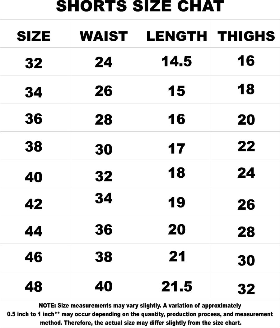Shorts size chart - waist, length and thighs in inches, sizes 32 to 48