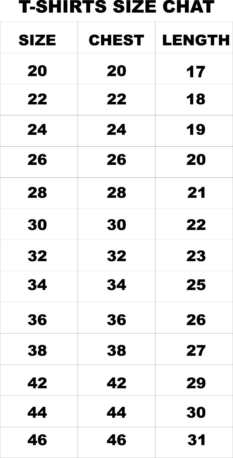 Jersey size chart - chest and length in inches, sizes 20 to 46
